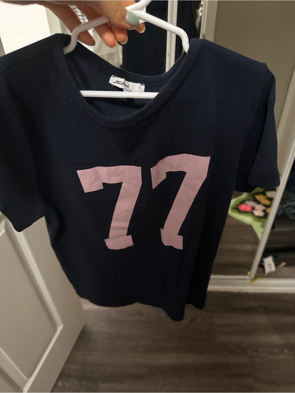 Navy Short Sleeve Tee with Pink '77' Graphic